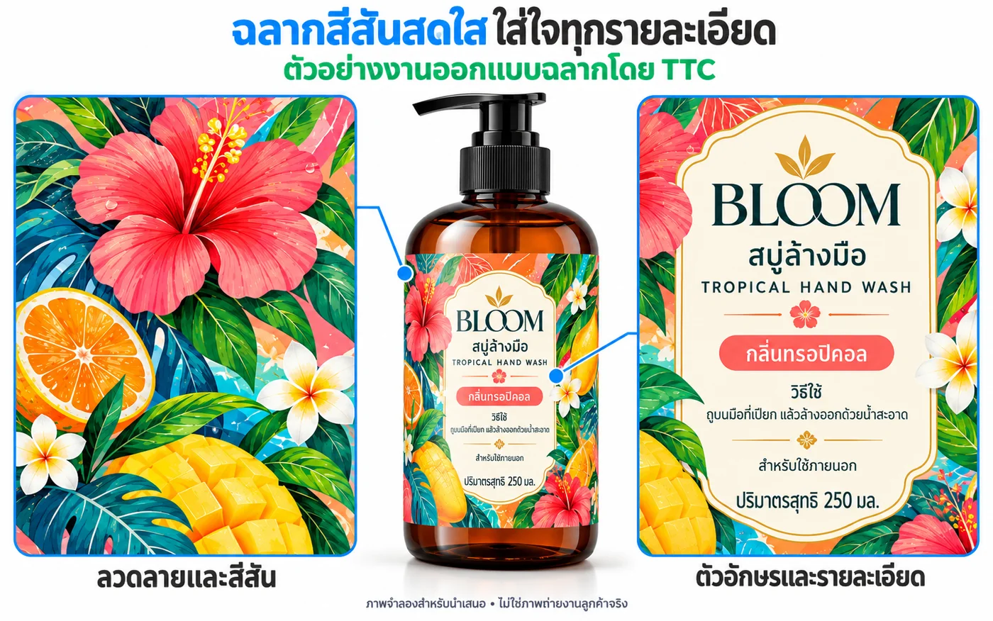 ตัวอย่างงานออกแบบฉลากขวดสบู่เหลว ลวดลายสีสดและข้อมูลบนฉลาก