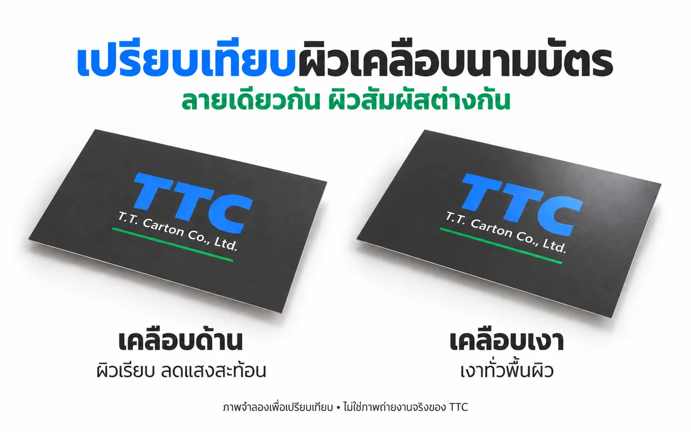 เปรียบเทียบผิวนามบัตร ผิวด้านกับผิวมัน ลายเดียวกัน