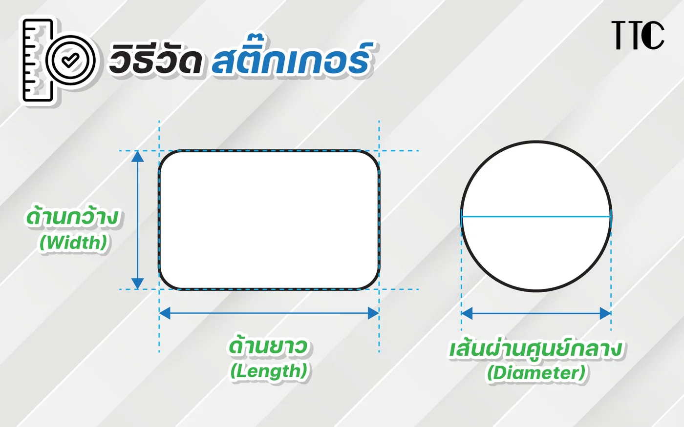 วิธีวัดสติ๊กเกอร์ ทรงเหลี่ยมวัดกว้างและยาว ทรงกลมวัดเส้นผ่านศูนย์กลาง