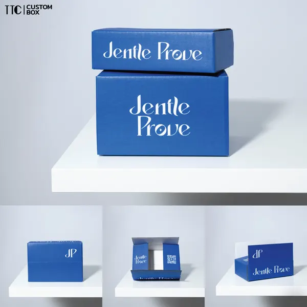 กล่องลูกฟูกพิมพ์โลโก้สีน้ำเงิน แบรนด์ Jentle Prove