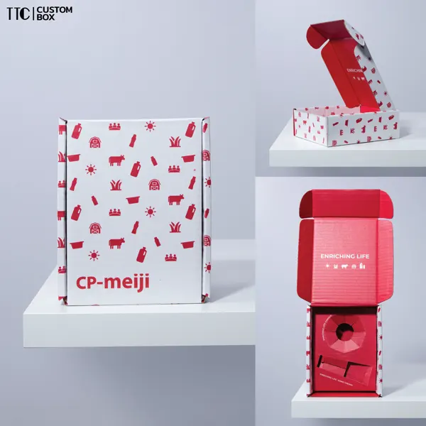 กล่องลูกฟูกพิมพ์โลโก้ แบรนด์ CP-Meiji