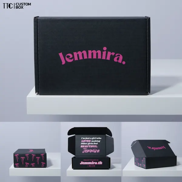 กล่องหูช้างสีดำ พิมพ์โลโก้ชมพู แบรนด์ Jemmira
