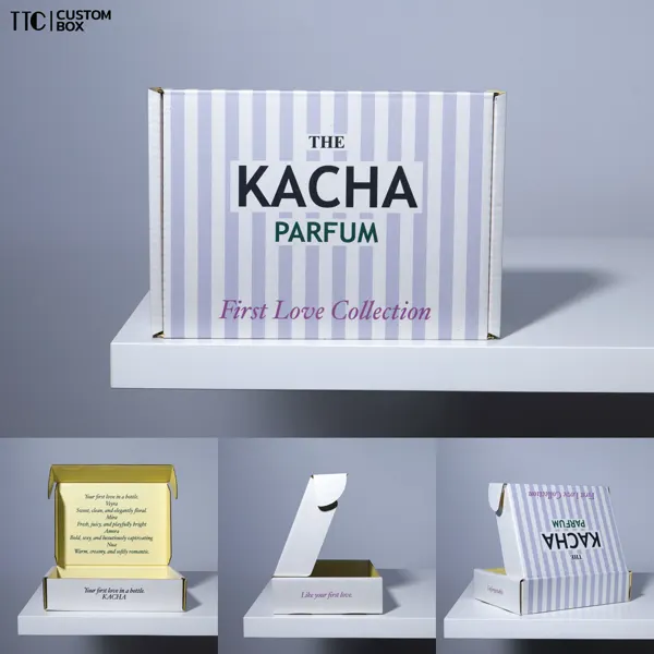 กล่องลูกฟูกพิมพ์โลโก้ แบรนด์ KACHA Parfum