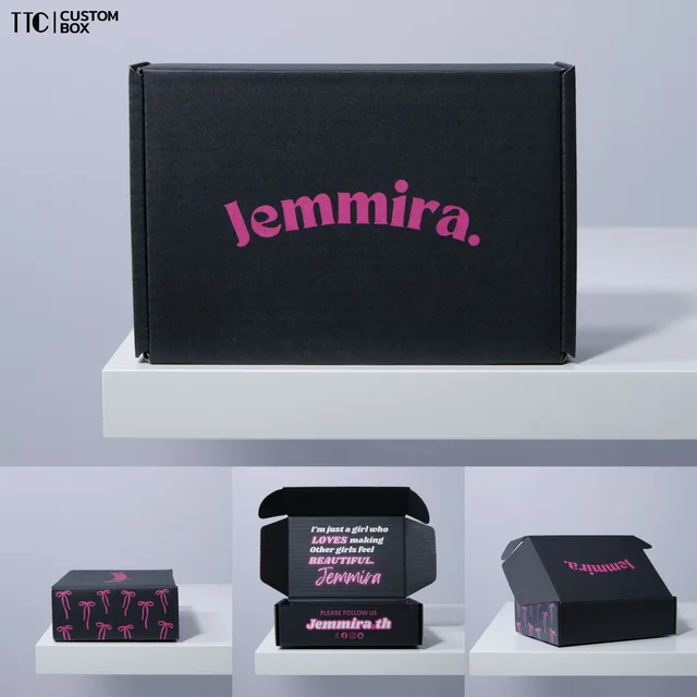กล่องหูช้างดำด้าน พิมพ์โลโก้สีชมพู งาน Jemmira