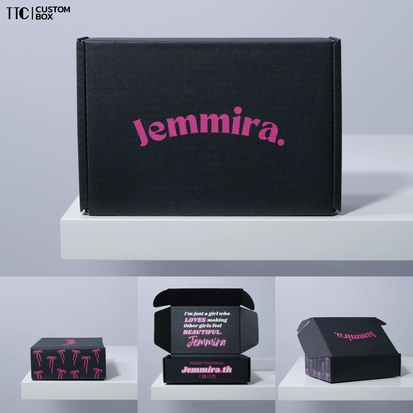 กล่องหูช้างดำด้าน พิมพ์โลโก้สีชมพู · งาน Jemmira
