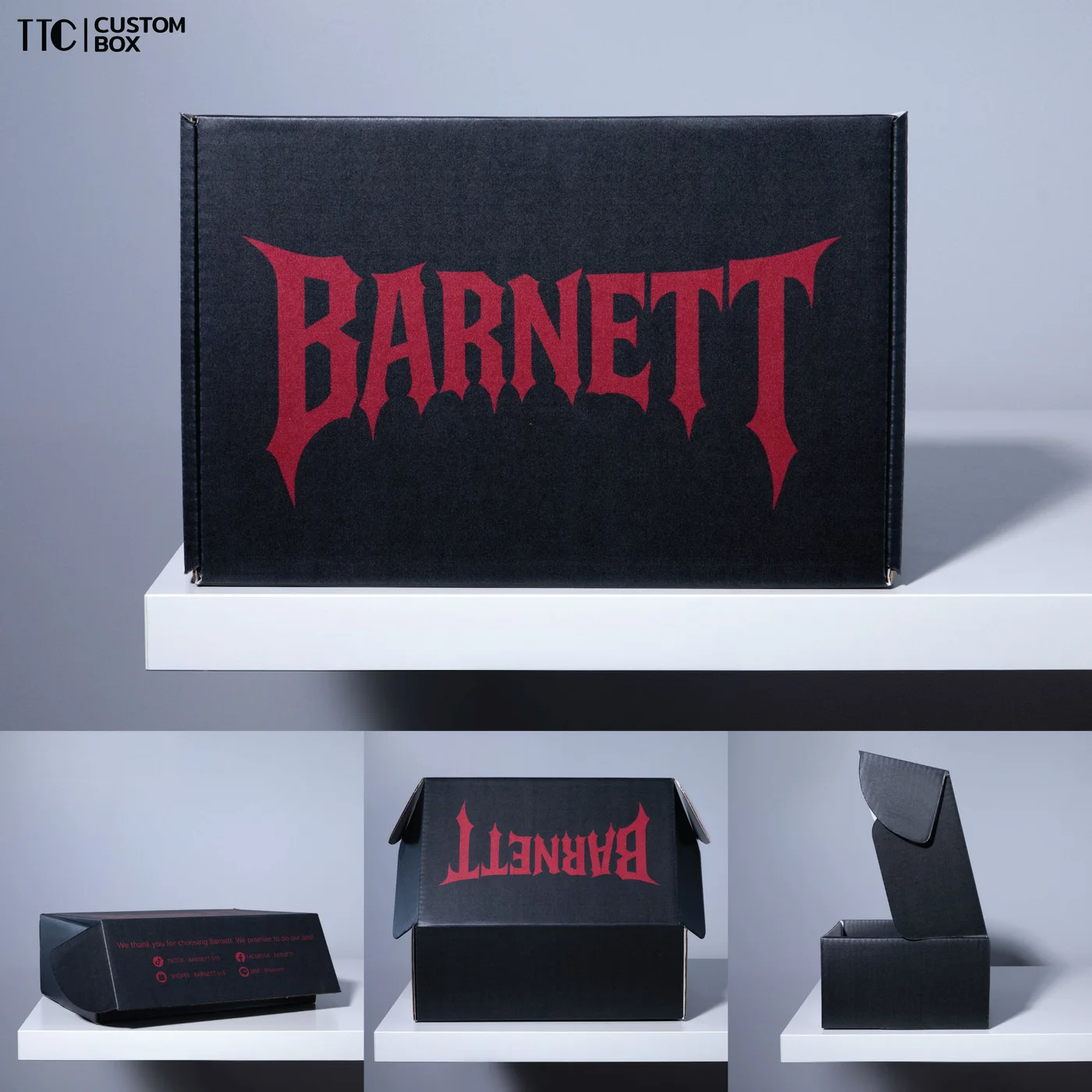 กล่องหูช้างดำด้าน พิมพ์โลโก้สีแดง · งาน Barnett
